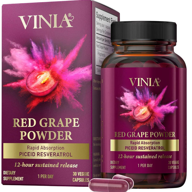 Frasco de suplemento Vinia Polvo de Uva Roja Resveratrol 30 cápsulas