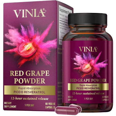 Frasco de suplemento Vinia Polvo de Uva Roja Resveratrol 60 cápsulas