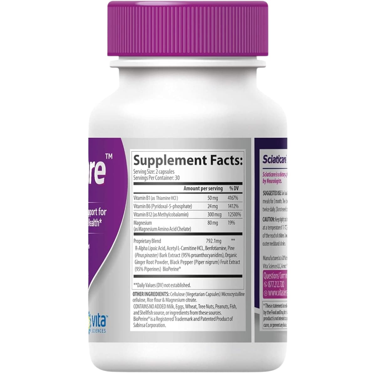Tabla nutricional del suplemento Vita Sciences Ácido Alfa Lipoico Sciaticare 60 cápsulas