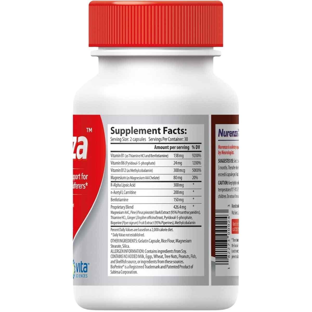 Tabla nutricional del suplemento Vita Sciences Nurenza R-Alpha Lipoic Acid 60 cápsulas