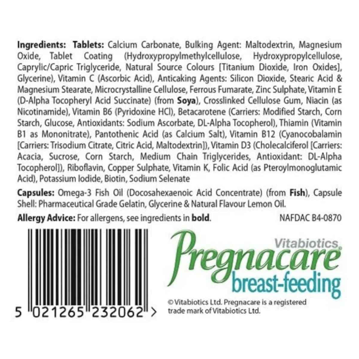 Tabla nutricional e ingredientes de Vitabiotics Pregnacare Lactancia