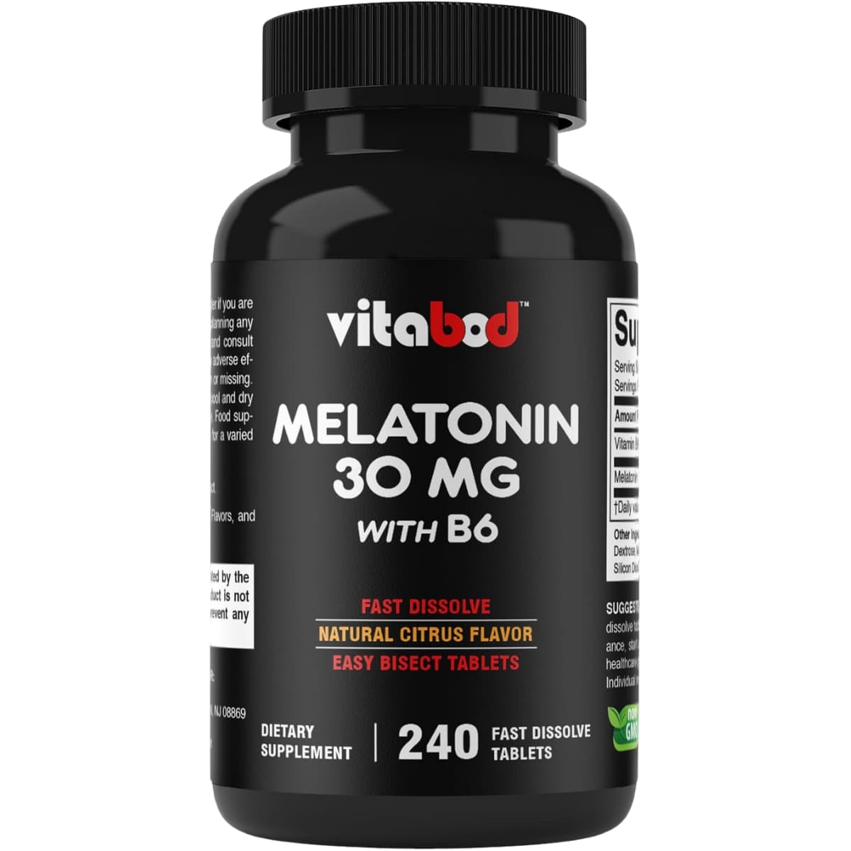 Frasco de suplemento Vitabod Melatonina con Vitamina B6 Cítrico 30 mg 240 tabletas