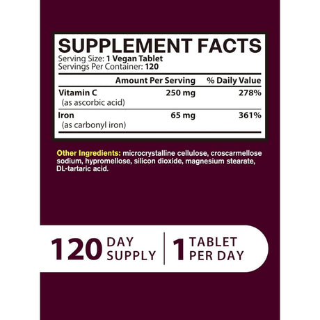 Tabla nutricional del suplemento Vitacook Hierro Carbonílico con Vitamina C 120 tabletas