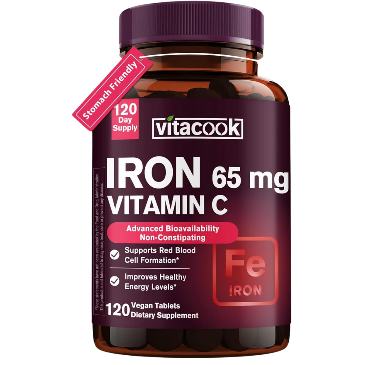 Frasco de suplemento Vitacook Hierro Carbonílico con Vitamina C 120 tabletas