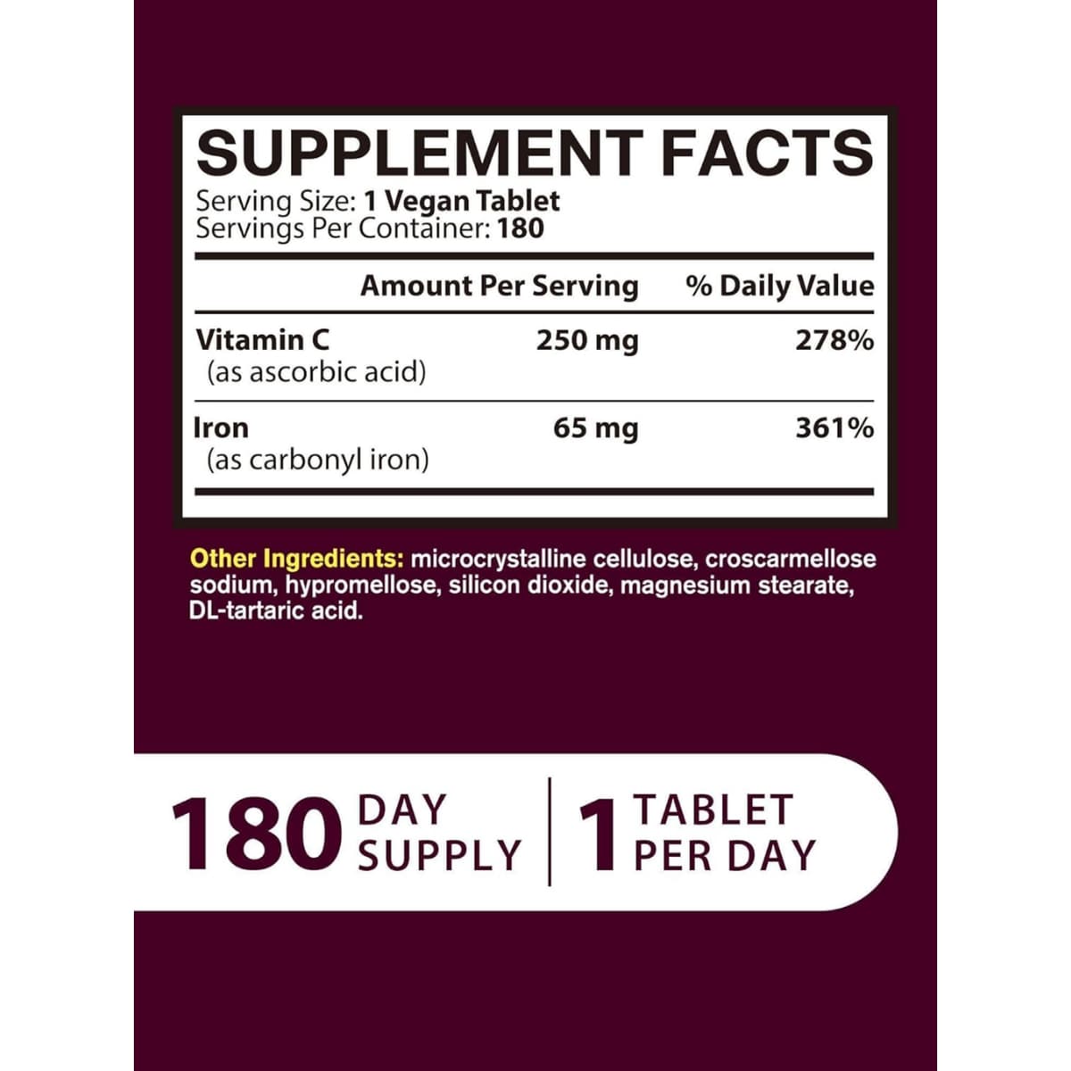 Tabla nutricional del suplemento Vitacook Hierro Carbonílico con Vitamina C 180 tabletas