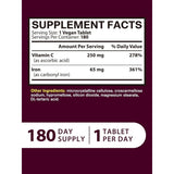 Tabla nutricional del suplemento Vitacook Hierro Carbonílico con Vitamina C 180 tabletas