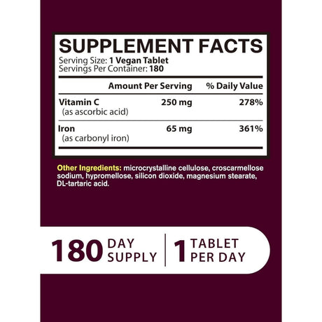 Tabla nutricional del suplemento Vitacook Hierro Carbonílico con Vitamina C 180 tabletas