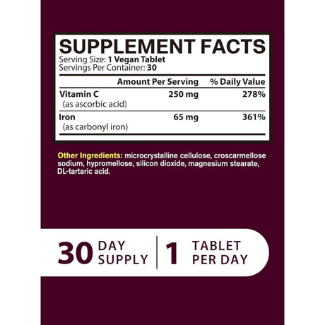 Tabla nutricional del suplemento Vitacook Hierro Carbonílico con Vitamina C 30 tabletas