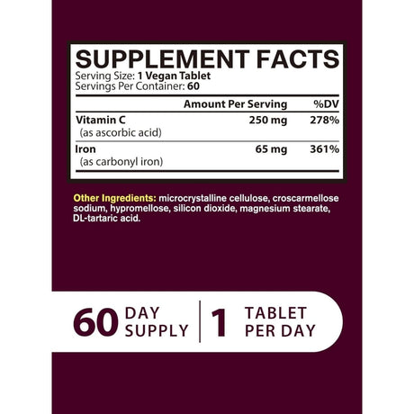 Tabla nutricional del suplemento Vitacook Hierro Carbonílico con Vitamina C 60 tabletas