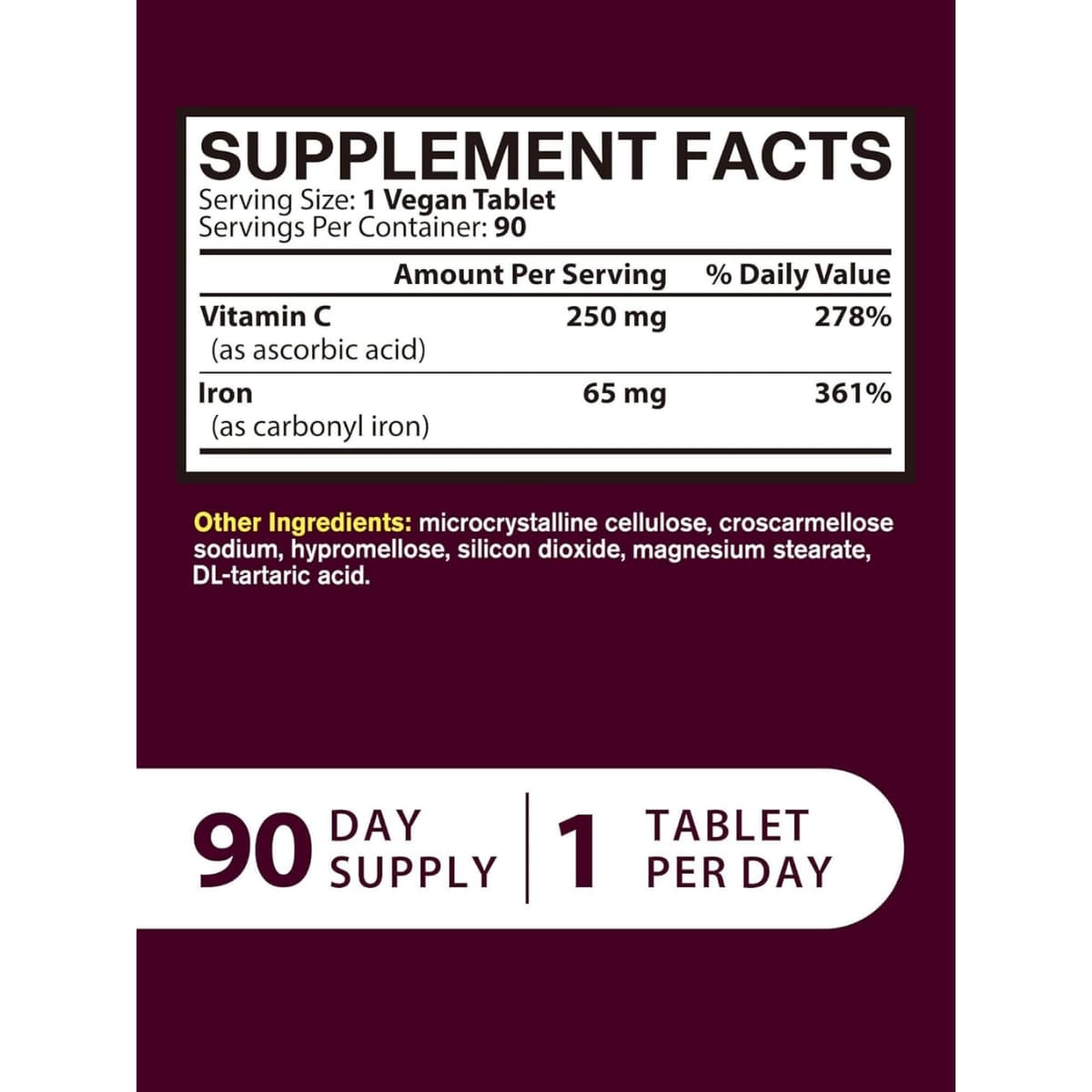Tabla nutricional del suplemento Vitacook Hierro Carbonílico con Vitamina C 90 tabletas