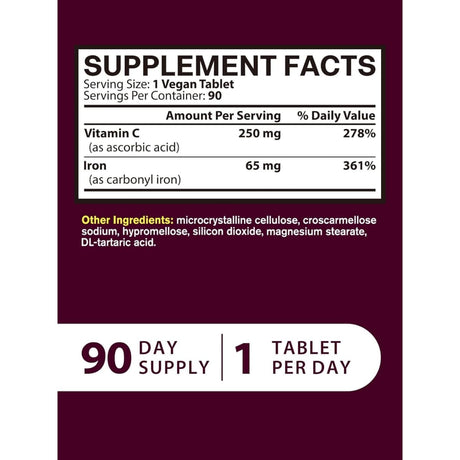 Tabla nutricional del suplemento Vitacook Hierro Carbonílico con Vitamina C 90 tabletas
