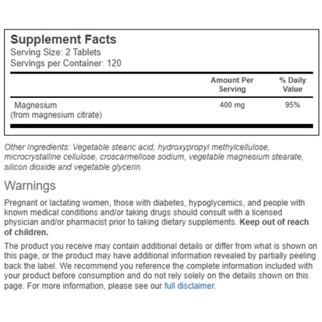 Tabla nutricional del suplemento Vitacost Citrato de Magnesio 400 mg de 240 tabletas
