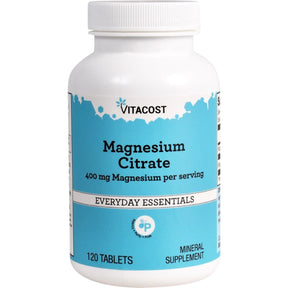 Frasco frontal de Vitacost citrato de magnesio con 400 mg por porción y 120 tabletas