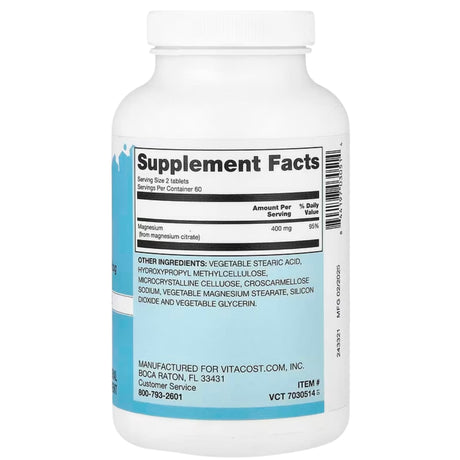 Información del suplemento Vitacost citrato de magnesio de 120 tabletas con 400 mg por porción