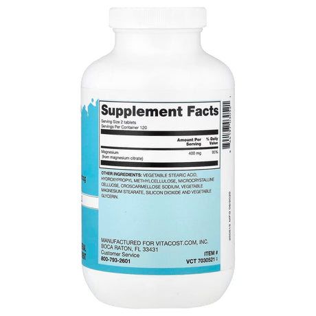Información del suplemento Vitacost citrato de magnesio de 240 tabletas con 400 mg por porción