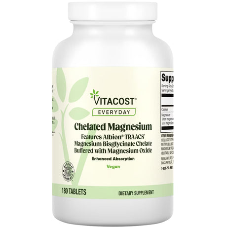 Suplemento Vitacost magnesio quelado en tabletas, frasco con 180 tabletas