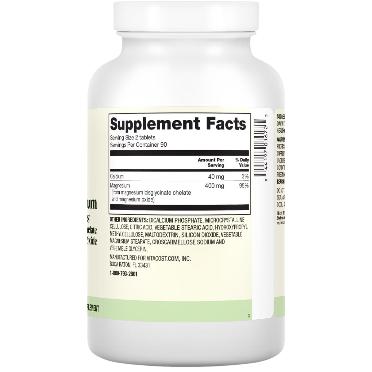Tabla nutricional del suplemento Vitacost magnesio quelado, 180 tabletas