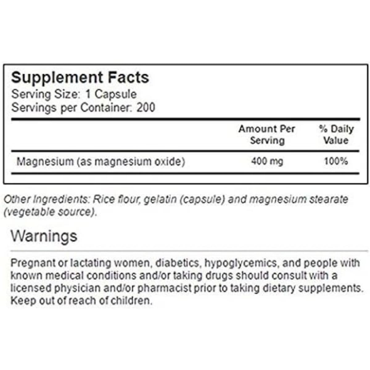 Tabla nutricional del suplemento Vitacost Óxido de Magnesio 200 cápsulas