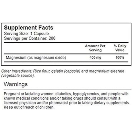 Tabla nutricional del suplemento Vitacost Óxido de Magnesio 200 cápsulas