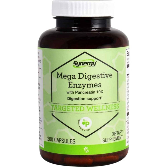 Frasco de suplemento Vitacost Synergy Mega Enzimas Digestivas 200 cápsulas