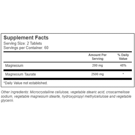 Tabla nutricional del suplemento Vitacost Taurato de Magnesio 120 tabletas