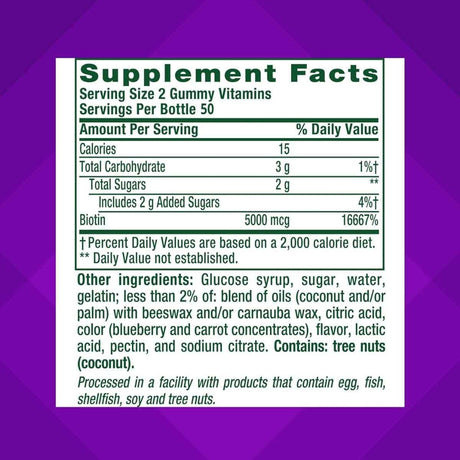 Tabla nutricional del suplemento Vitafusion Biotina 5000 mcg 100 gomitas