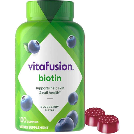 Frasco de suplemento Vitafusion Biotina 5000 mcg 100 gomitas