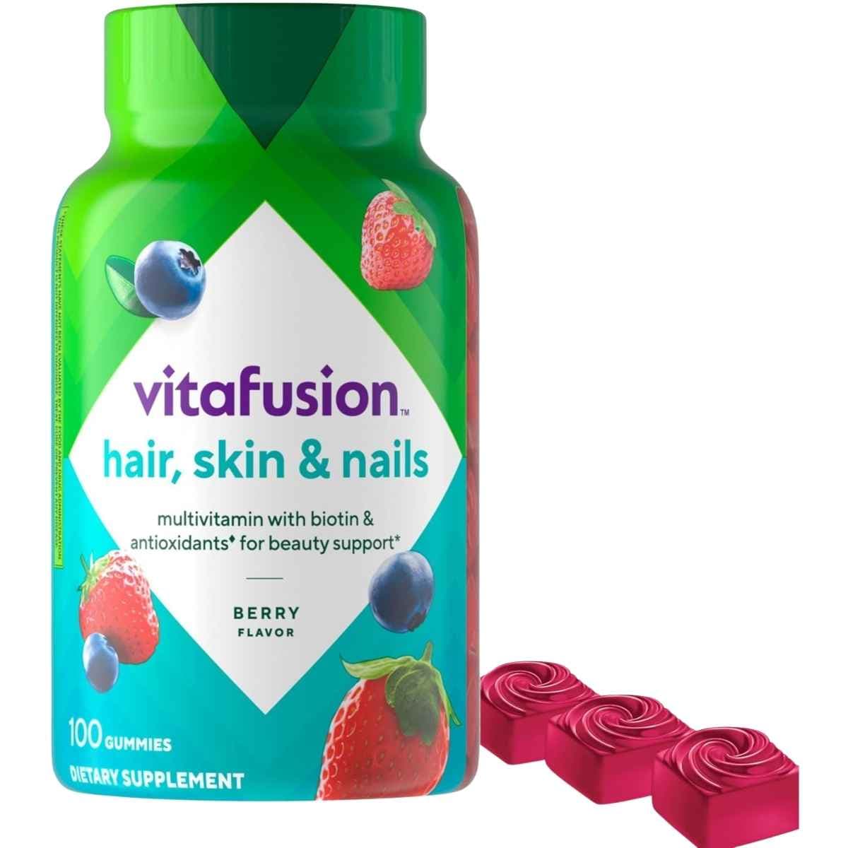 Frasco de suplemento Vitafusion Cabello Piel y Uñas 100 gomitas