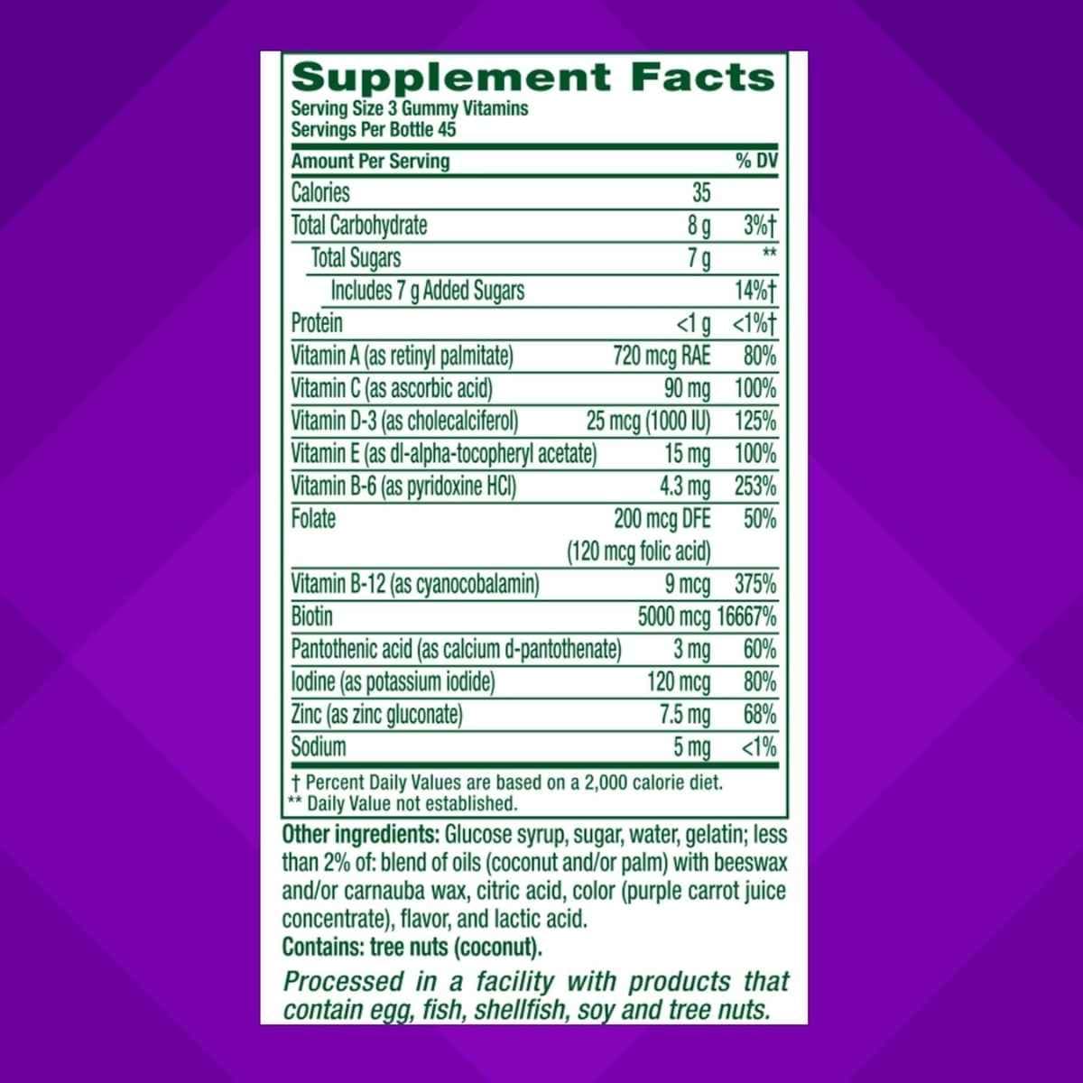 Tabla nutricional del suplemento Vitafusion Cabello Piel y Uñas 135 gomitas
