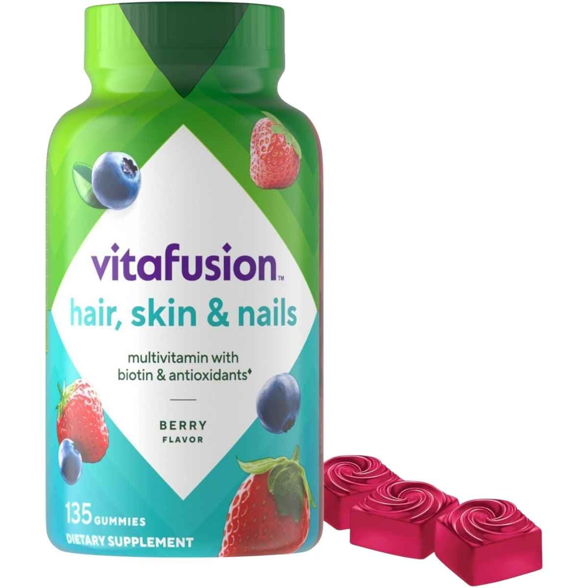 Frasco de suplemento Vitafusion Cabello Piel y Uñas 135 gomitas