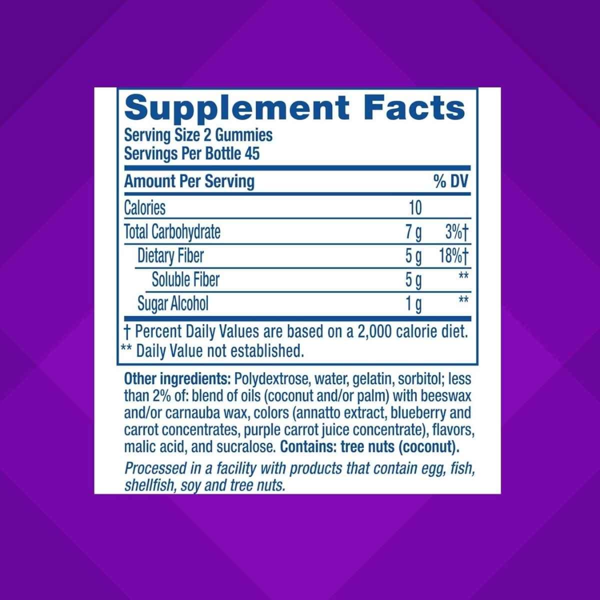 Tabla nutricional del suplemento Vitafusion Fibra para el Bienestar 90 gomitas