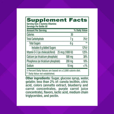 Tabla nutricional del suplemento Vitafusion Fosfato de Calcio 100 gomitas