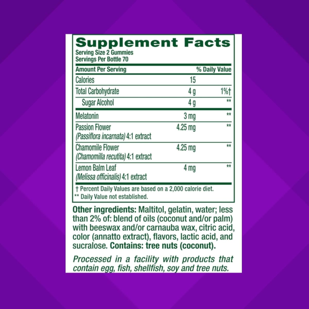 Tabla nutricional del suplemento Vitafusion Melatonina sabor Durazno y Té Blanco 140 gomitas