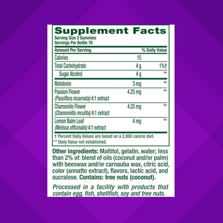 Tabla nutricional del suplemento Vitafusion Melatonina sabor Durazno y Té Blanco 140 gomitas
