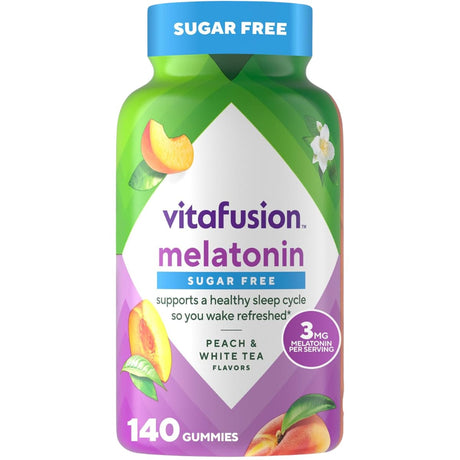 Frasco de suplemento Vitafusion Melatonina sabor Durazno y Té Blanco 140 gomitas