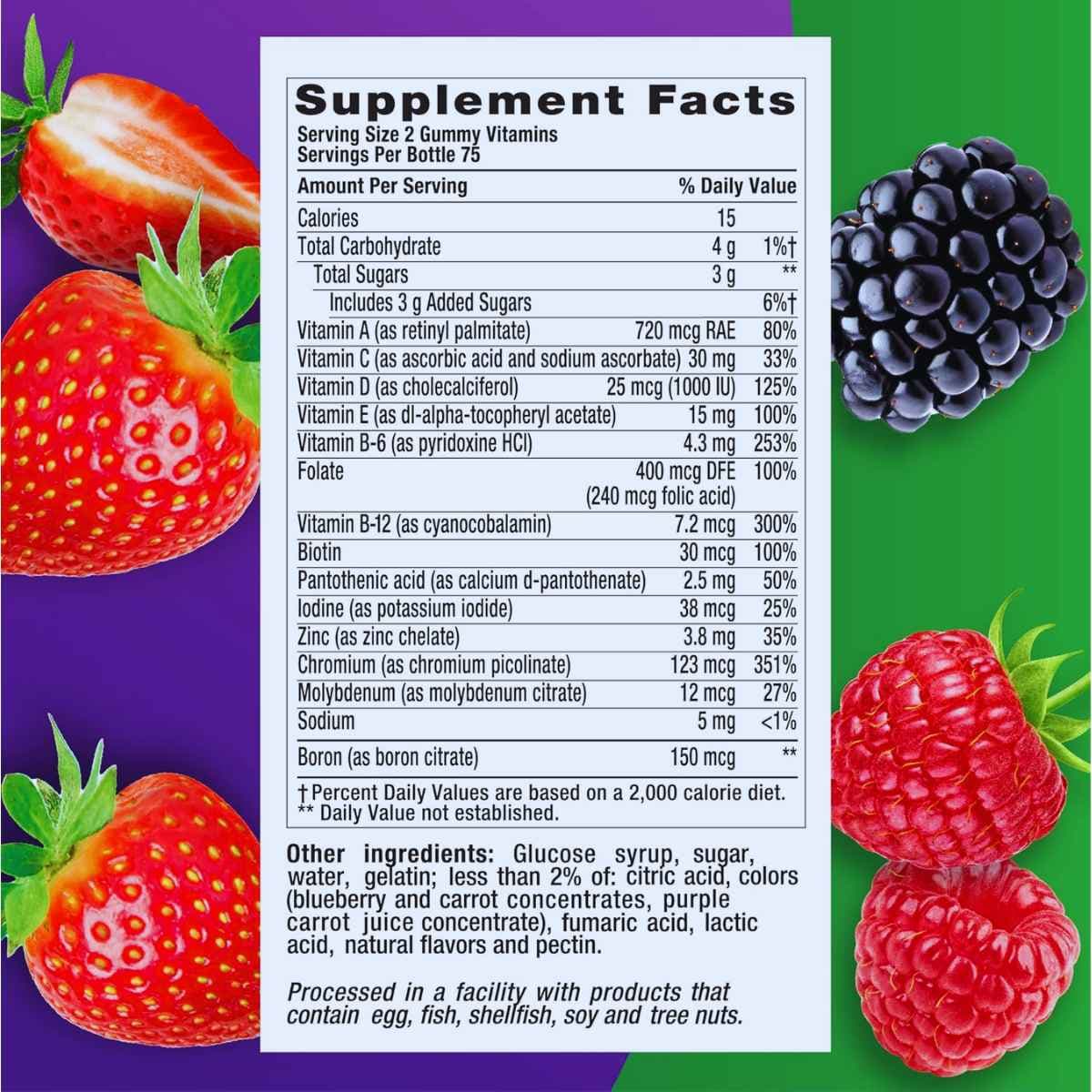 Tabla nutricional del suplemento Vitafusion Multivitamínico para Hombre 150 gomitas