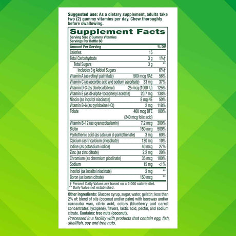 Tabla nutricional del suplemento Vitafusion Multivitamínico para Mujeres Sabor a Bayas 120 gomitas