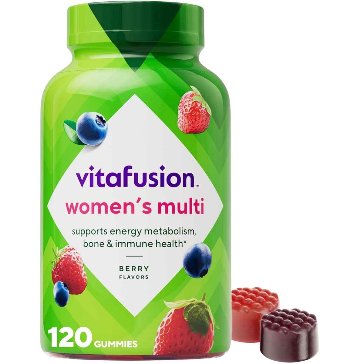 Frasco de suplemento Vitafusion Multivitamínico para Mujeres Sabor a Bayas 120 gomitas