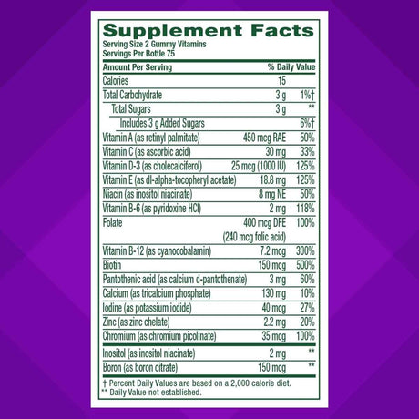 Tabla nutricional del suplemento Vitafusion Multivitamínico para Mujeres Sabor a Bayas 150 gomitas