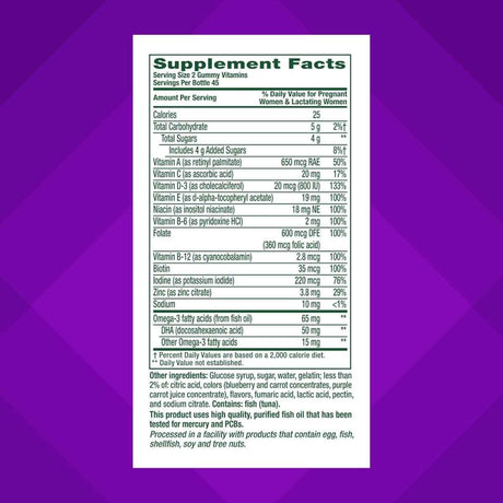Tabla nutricional del suplemento Vitafusion Multivitamínico Prenatal Frambuesa Limonada 90 gomitas