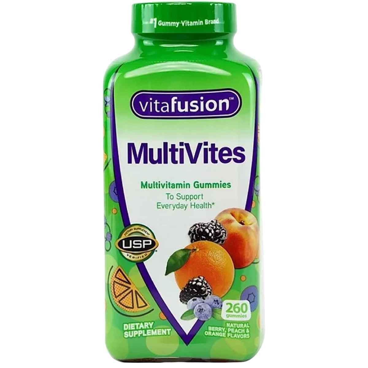 Frasco de suplemento Vitafusion MultiVites Esencial Multivitamínico Natural 260 gomitas