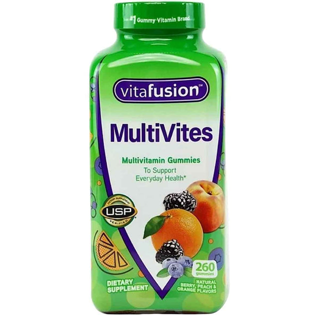 Frasco de suplemento Vitafusion MultiVites Esencial Multivitamínico Natural 260 gomitas