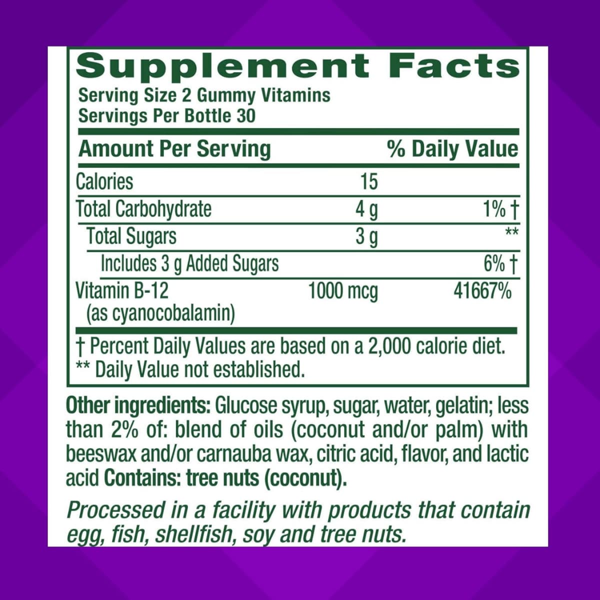 Tabla nutricional del suplemento Vitafusion Vitamina B12 1000 mcg 60 gomitas