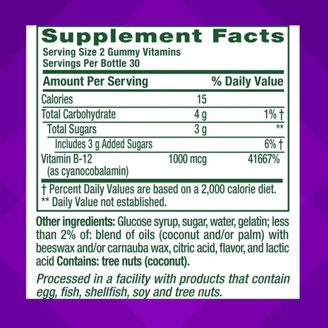Tabla nutricional del suplemento Vitafusion Vitamina B12 1000 mcg 60 gomitas
