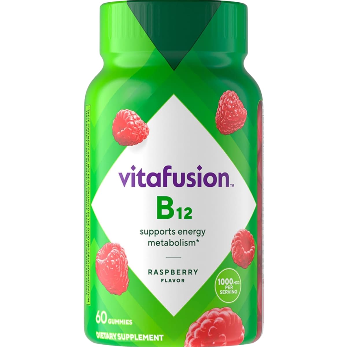 Frasco de suplemento Vitafusion Vitamina B12 1000 mcg 60 gomitas