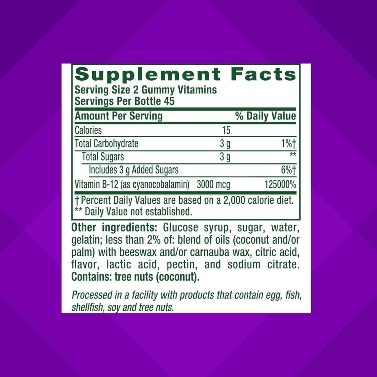 Tabla nutricional del suplemento Vitafusion Vitamina B12 Cereza 90 gomitas