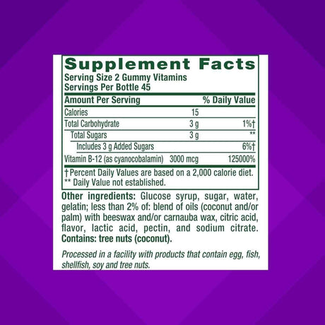 Tabla nutricional del suplemento Vitafusion Vitamina B12 Cereza 90 gomitas