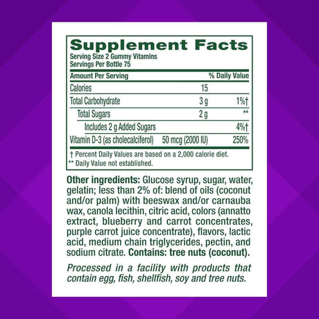 Tabla nutricional del suplemento vitafusion™ Vitamina D3 Sabores Baya y Melocotón 2000 IU 150 Gomitas