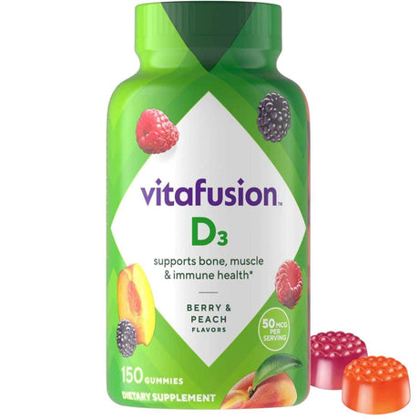 Frasco de suplemento vitafusion™ Vitamina D3 Sabores Baya y Melocotón 2000 IU 150 Gomitas