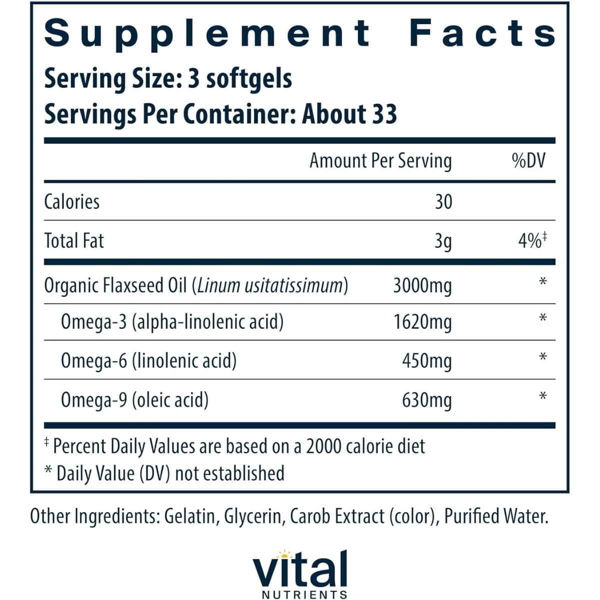 Tabla nutricional del suplemento Vital Nutrients Aceite de Linaza 100 cápsulas blandas